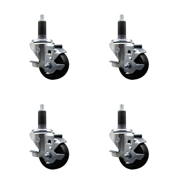 Service Caster 3'' SS Hard Rubber Swivel 1-1/8'' Expanding Stem Caster Set with Brake, 4PK SCC-SSEX20S314-HRS-TLB-118-4 - main